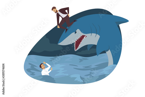 Competition, monopoly, globalization, dumping concept. Mergers and aquisition and global business rivalry illustration. businessman competitor on shark attack sinking male entrepreneur enemy manager. photo