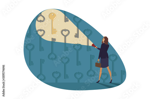 Luck, search, business, opportunities concept. Corporate financial opportunity and career problem successful solution illustration. Businesswoman clerk manager searching finding golden key on wall.