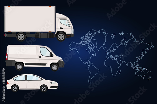 Cargo van, minivan and passenger car on the background of the world map. Logistics, delivery of goods around the world. Vector illustration.