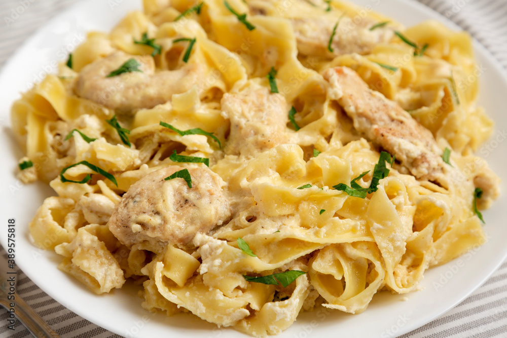 Homemade Chicken Fettuccine Alfredo on a white plate, side view. Close-up. Homemade Chicken Fettuccine Alfredo on a white plate, side view. Close-up.