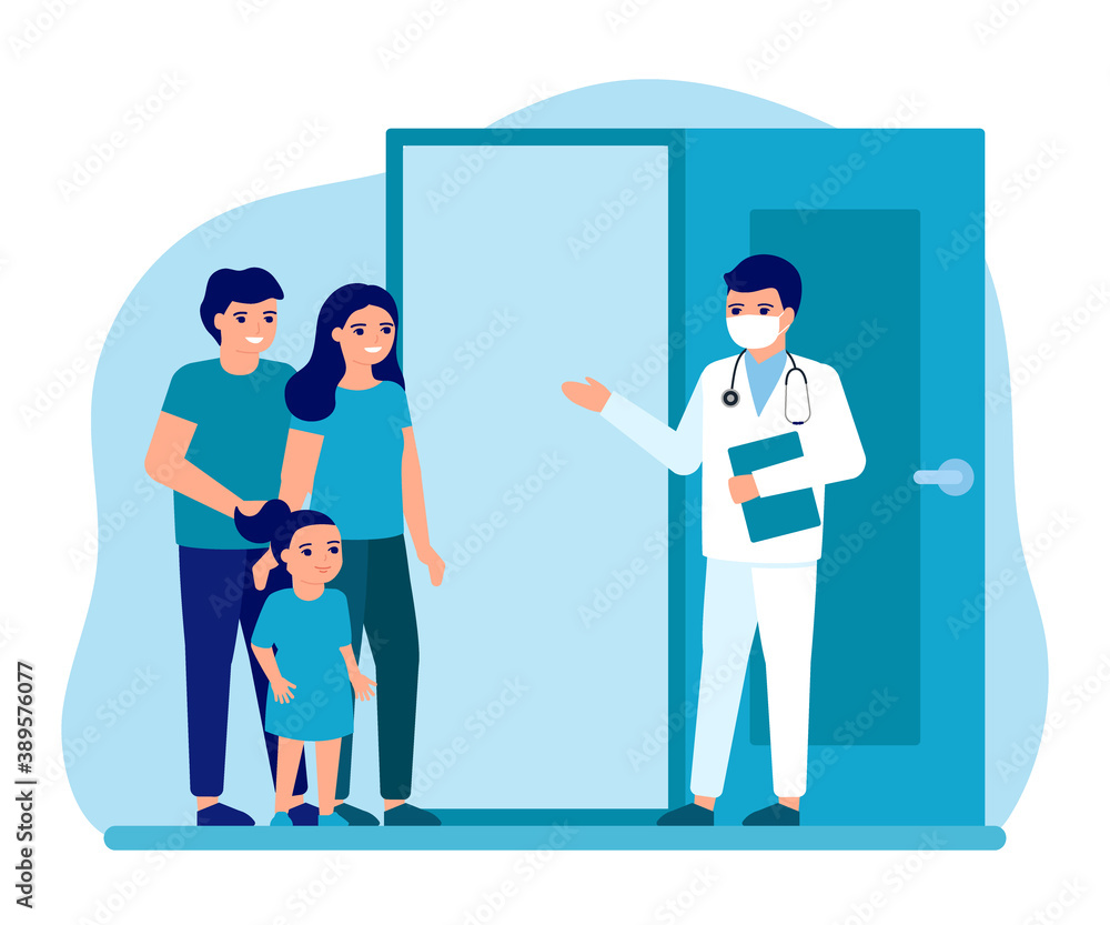 Consultation of family with child at entrance to office doctor. Advice doctor, supervision family, family doctor. Prevention and treatment father, mother and kid to maintain health. Vector Consultation of family with child at entrance to office doctor. Advice doctor, supervision family, family doctor. Prevention and treatment father, mother and kid to maintain health. Vector