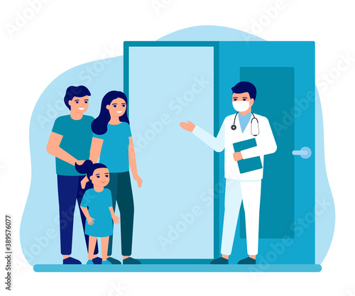 Consultation of family with child at entrance to office doctor. Advice doctor, supervision family, family doctor. Prevention and treatment father, mother and kid to maintain health. Vector