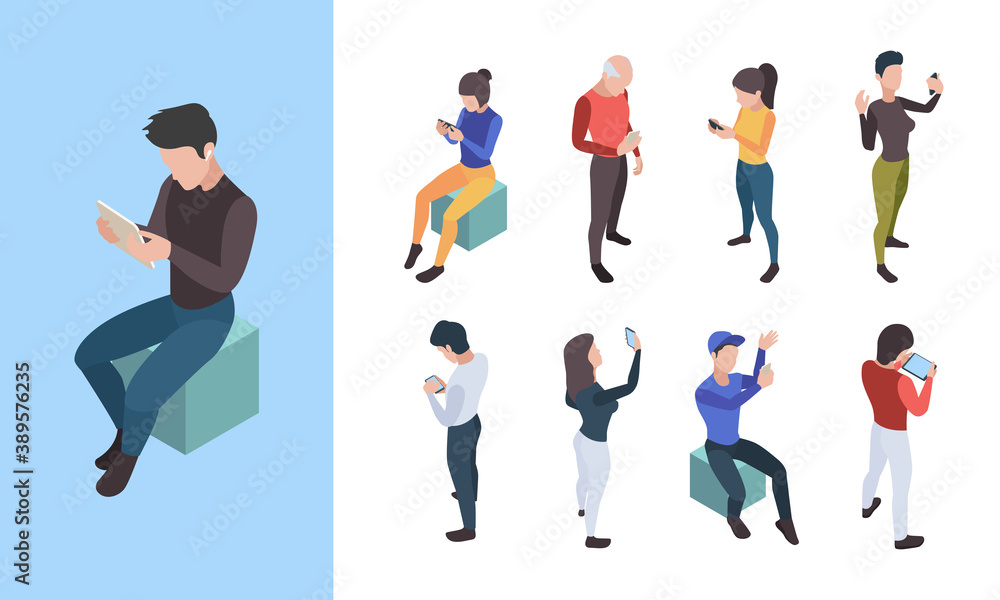 People telephone conversation. Online social dialogue young persons talking on mobile smartphone vector isometric characters. Conversation online telephone, phone communication illustration