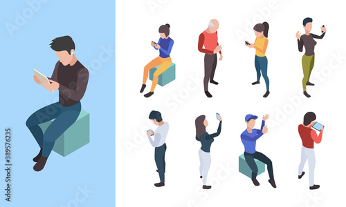 People telephone conversation. Online social dialogue young persons talking on mobile smartphone vector isometric characters. Conversation online telephone  phone communication illustration