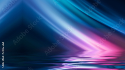 Abstract dark futuristic background. Ultraviolet multicolored beams of neon light reflect off the water. Background of empty stage show, beach party. 3d illustration