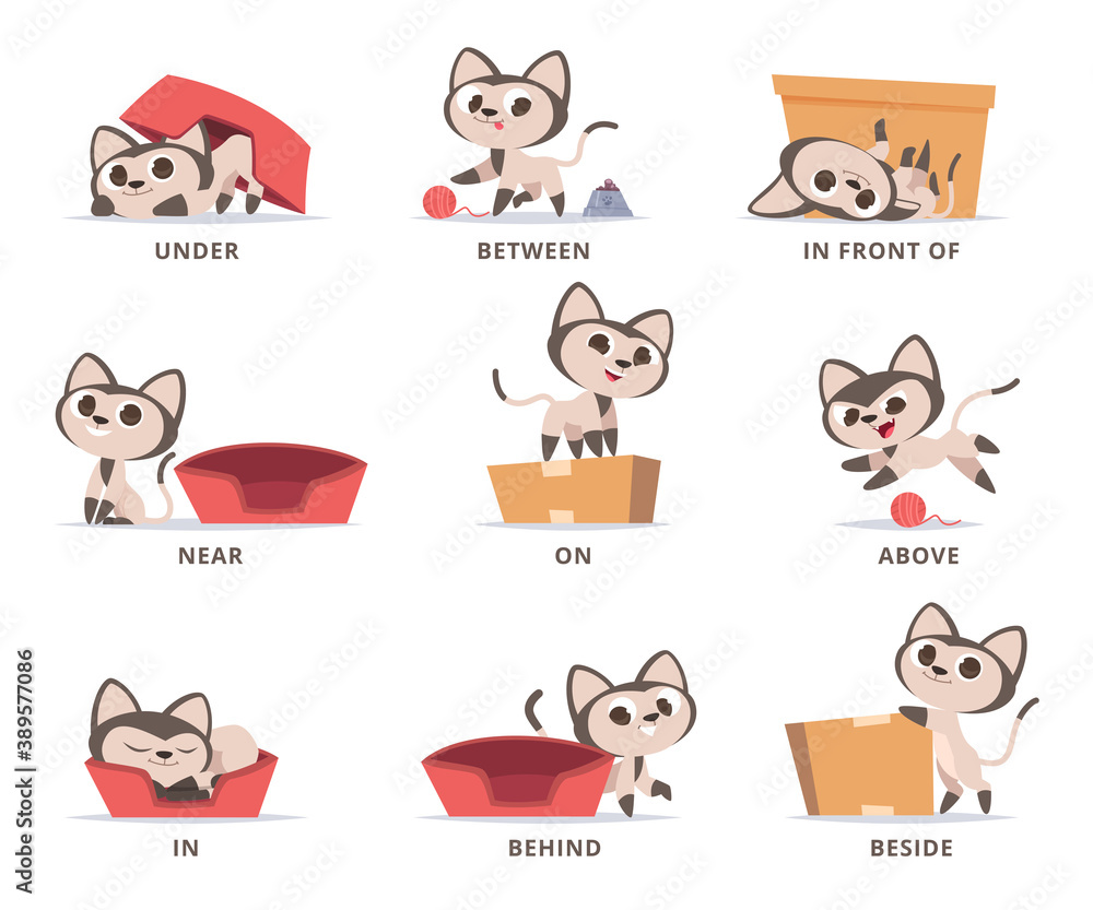 Vetor de Learning english prepositions. Preschool grammar cute kitty  playing with box prepositions on above under near in and on vector set.  Illustration english education language, preposition for position do Stock