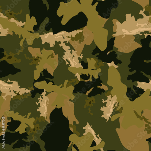 Forest camouflage of various shades of green, brown and beige colors