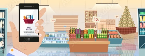 Grocery store mobile app. Food delivery, hand holding smartphone. Online shopping and supermarket interior vector illustration. App grocery online, store food in smartphone