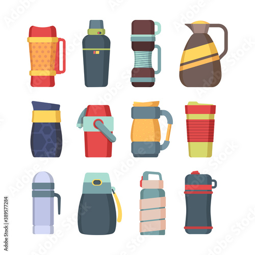 Thermos. Steel mug with handle for coffee kitchen utensil vacuum flask for liquids round bottles colored vector set. Thermo vacuum-bottle, vacuum-flask stainless illustration