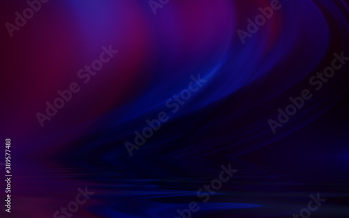 Abstract dark futuristic background. Ultraviolet multicolored beams of neon light reflect off the water. Background of empty stage show, beach party. 3d illustration