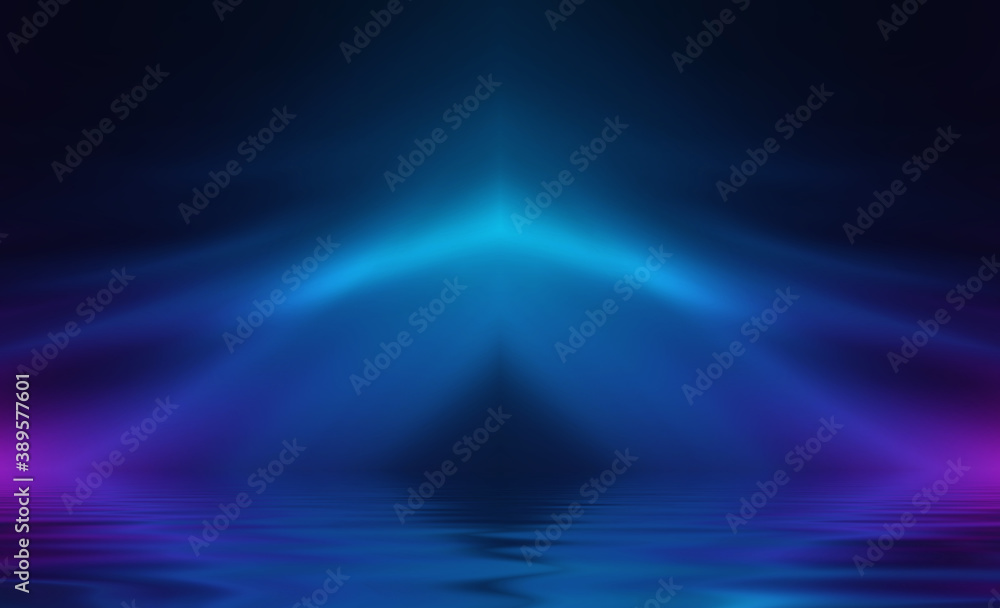 Abstract dark futuristic background. Ultraviolet multicolored beams of neon light reflect off the water. Background of empty stage show, beach party. 3d illustration Abstract dark futuristic background. Ultraviolet multicolored beams of neon light reflect off the water. Background of empty stage show, beach party. 3d illustration
