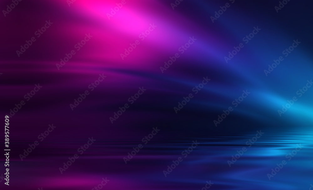 Abstract dark futuristic background. Ultraviolet multicolored beams of neon light reflect off the water. Background of empty stage show, beach party. 3d illustration Abstract dark futuristic background. Ultraviolet multicolored beams of neon light reflect off the water. Background of empty stage show, beach party. 3d illustration