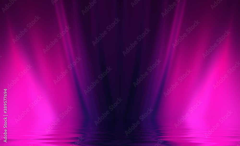 Abstract dark futuristic background. Ultraviolet multicolored beams of neon light reflect off the water. Background of empty stage show, beach party. 3d illustration