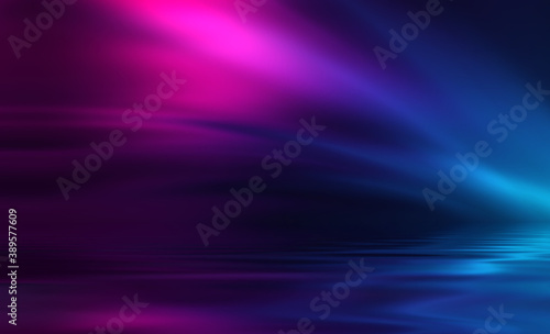 Abstract dark futuristic background. Ultraviolet multicolored beams of neon light reflect off the water. Background of empty stage show, beach party. 3d illustration