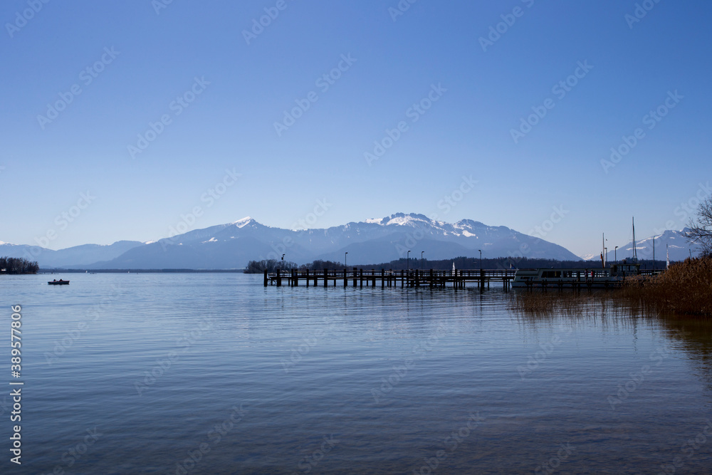 Obraz premium travel germany and bavaria, view at Kampenwand with Chiemsee, Bavaria, Germany