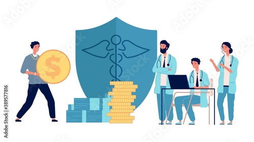 Healthcare investment. Man holding money, doctors get grants. Medicine profit, volunteer donation to hospital vector concept. Healthcare concept doctor with money, investment in medical illustration