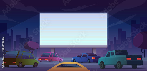 Outdoor cinema. Drive public cinema people watching movie from self cars vector cartoon landscape. Illustration movie screen theater, cinema entertainment outdoor