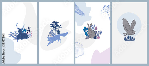 Winter Holidays vertical background collection with plants, forest nordic animals in Scandinavian style. Editable vector illustration.