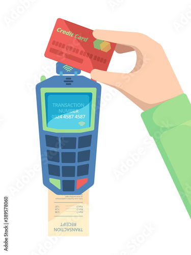 Pay card terminal. Hand holding debit card with nfc module money transfer payment machine for easy checkout vector concept. Card for transfer money use nfc, paying device contactless illustration