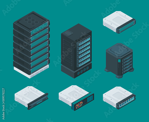 Computer data storage shelves. Server equipment it technology network hardware tools router vector isometric set. Storage data, module unit computer, rack isometric equipment illustration
