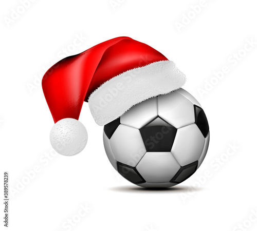 Soccer ball with Santa Claus hat. Football ball. Vector illustration isolated on white background © Maxim P