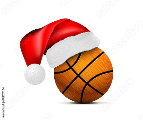 Basketball ball with Santa Claus hat. Vector illustration isolated on white background