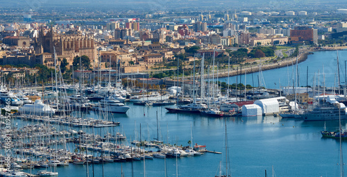 Panoramic view of the port of Palma de Mallorca with the cathedral