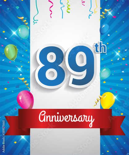 Celebrating 89th Anniversary logo  with confetti and balloons  red ribbon  Colorful Vector design template elements for your invitation card  flyer  banner and poster.