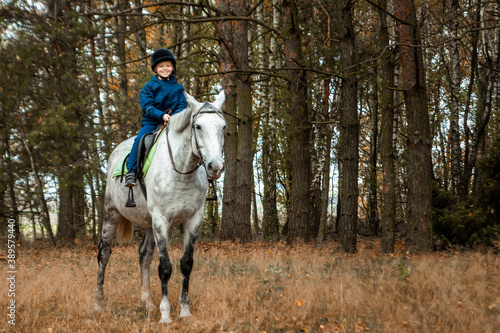 Little boy in a jockey cap on a white adult horse on a background of nature. Jockey  hippodrome  horseback riding