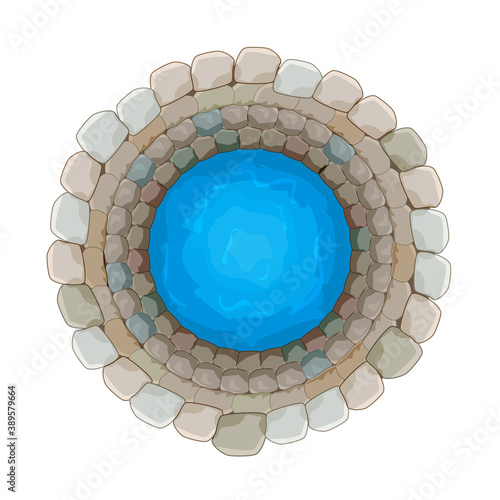 Water well of brick isolated on white background. Top down view on well full of water over. Artesian reservoir well of drinking water. Source of pure water from the bowels of the earth. Stock vector