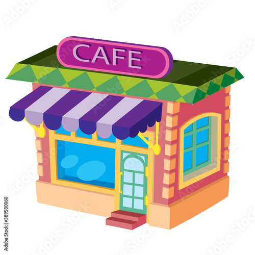 cafe house in red with purple signboard, cartoon illustration, isolated object on white background, vector,