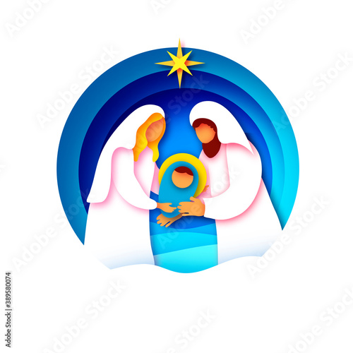 Baby Jesus Christ. Holy Child and Family. Mary and Joseph. Birth of Christ.Star of Bethlehem - East comet. Nativity Christmas in paper art style. Happy New Year. Circle frame. Blue.