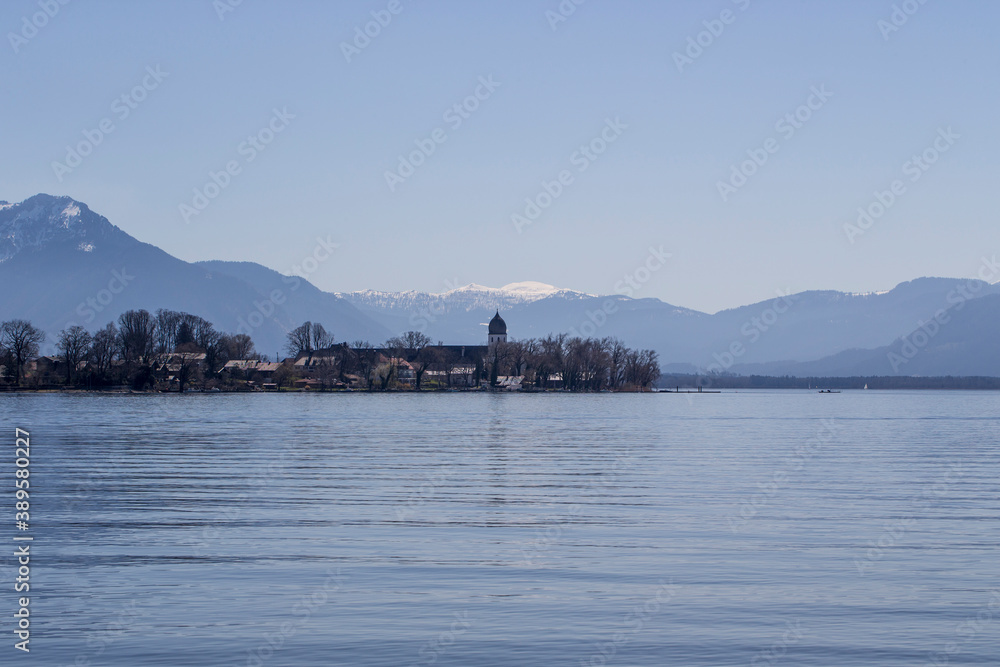 travel germany and bavaria, view at Fraueninsel, Chiemsee and mountains, Bavaria, Germany