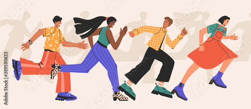 Races of man and woman, war of the sexes, a group of people running fast, competition between male and female. Business discrimination. Hand drawn vector illustration in flat cartoon style, isolated.