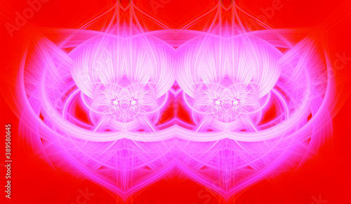 Beautiful abstract intertwined glowing 3d fibers forming a shape of sparkle, flame, flower, interlinked hearts. Bright red and pink colors. Illustration