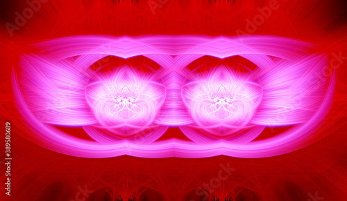 Beautiful abstract intertwined glowing 3d fibers forming a shape of sparkle, flame, flower, interlinked hearts. Maroon, white, red, and pink colors. Banner size. Illustration