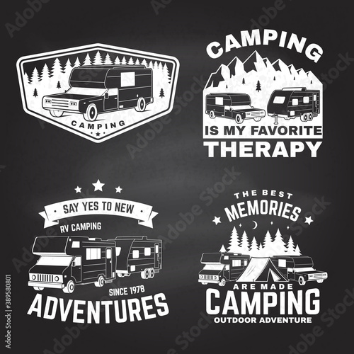 Set of outdoor adventure quotes. Vector. Concept for shirt or logo, print, stamp or tee. Vintage design with mountains, camping trailer, camper van and forest silhouette