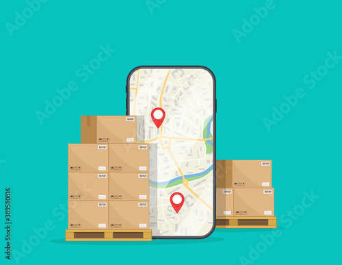 Delivery of box. Logistic of cargo on mobile. Package in carton boxes good on warehouse with order in smartphone. Crates on pallets for parcel, shipment, export. Icon of storage, online cargo. Vector