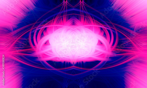 Beautiful abstract intertwined glowing 3d fibers forming a shape of sparkle  flame  flower  interlinked hearts. Blue  maroon  pink  and purple colors. Illustration