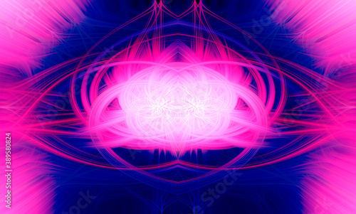 Beautiful abstract intertwined glowing 3d fibers forming a shape of sparkle, flame, flower, interlinked hearts. Blue, maroon, pink, and purple colors. Illustration