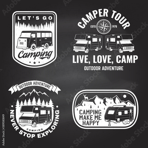 Set of outdoor adventure quotes. Vector. Concept for shirt or logo, print, stamp or tee. Vintage design with mountains, camping trailer, camper van and forest silhouette