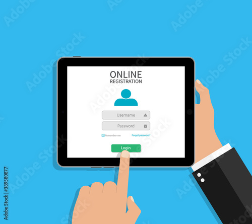 Online registration of account with login, password. Form of register in tablet for elearning. Tablet in hand of user of website. Sign of create username. Web app with button and menu on site. Vector
