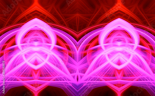 Beautiful abstract intertwined glowing 3d fibers forming a shape of pointy domes, sparkle, flame, flower, interlinked hearts. Purple, maroon, pink, and red colors. Illustration