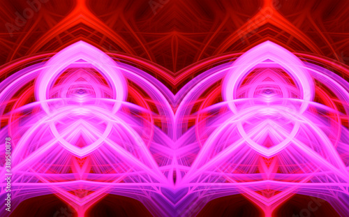 Beautiful abstract intertwined glowing 3d fibers forming a shape of pointy domes, sparkle, flame, flower, interlinked hearts. Purple, maroon, pink, and red colors. Illustration