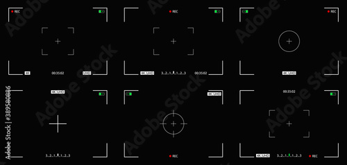 Camera of record video. Camera screen with frame, viewfinder and focus for surveillance. Production 4k movie for cinema and cctv. Rec on display with grid and capture. Icons for photography. Vector