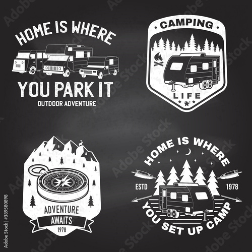 Set of outdoor adventure quotes. Vector. Concept for shirt or logo, print, stamp or tee. Vintage design with mountains, camping trailer, camper van and forest silhouette