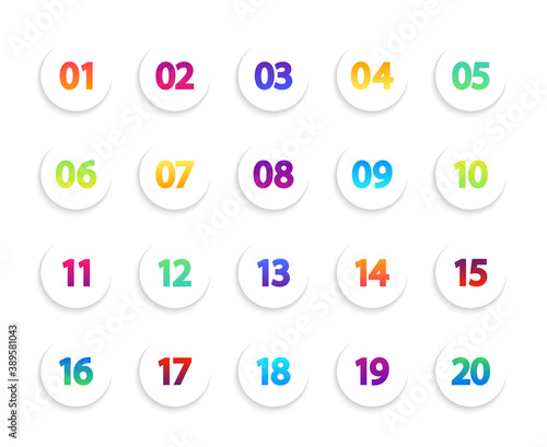 Bullet icons. Numbers in white circle. Round gradient points for infographic. List of creative buttons from 1 to 20. Set of modern circular pointers. Color markers for flyer, tag, interface. Vector.