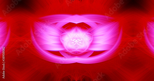 Beautiful abstract intertwined glowing 3d fibers forming a shape of sparkle, flame, flower, interlinked hearts. Maroon, white, red, and pink colors. Banner size. Illustration