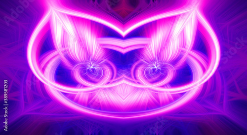 Beautiful abstract intertwined glowing 3d fibers forming a shape of sparkle, flame, flower, interlinked hearts and cat looking creature. Blue, maroon, pink, and purple colors. Illustration