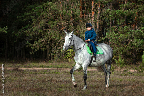 Little boy in a jockey cap on a white adult horse on a background of nature. Jockey, hippodrome, horseback riding